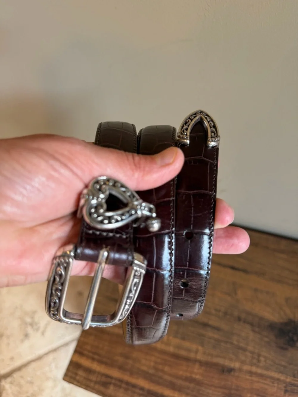 Brighton Womens Belt Brown Leather Belt Silver Buckle Heart large